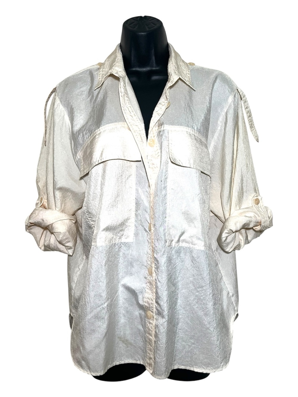 Joan Harper Vintage Polyester Silk-Texture Ivory Button-Down Camp Shirt